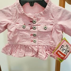 Wrangler Long Sleeve Button Stripe Ruffle Top Pink